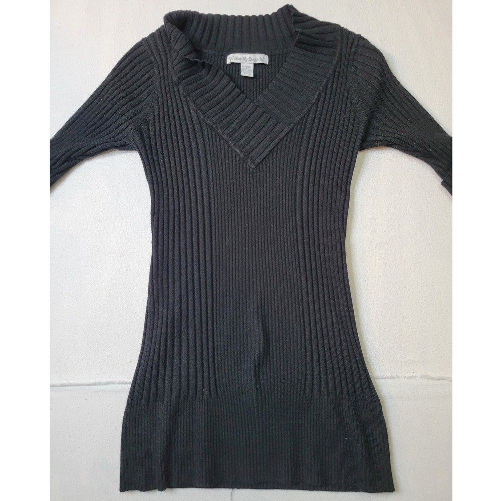 Love By Design Black Ribbed V-Neck Sweater 3/4 Sleeve Tab Detail Medium